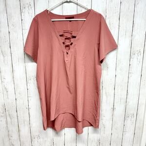 BKE Red Womens Size XL Short Sleeve High Low Mauve Blouse Top Polyester Lace